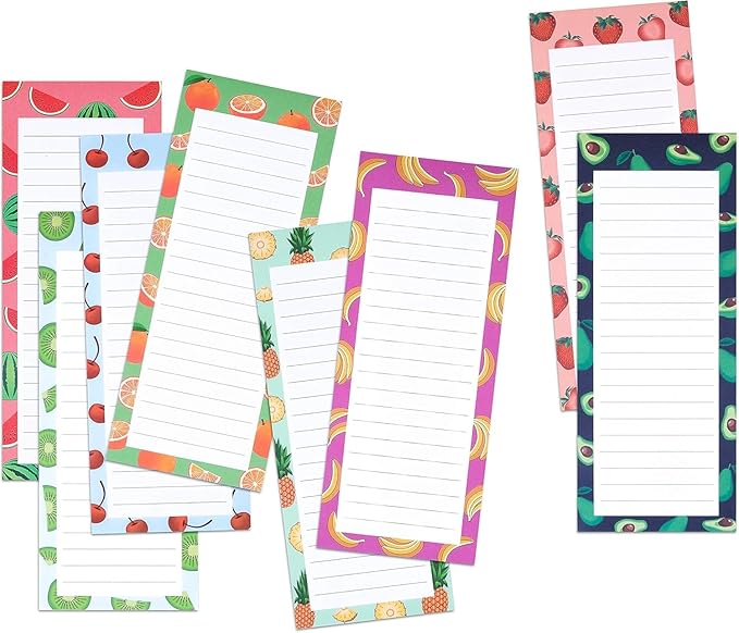 8 Magnetic Notepads – Notepads for Grocery List, Shopping List, To-Do List, Reminders -Strong Magnetic Back- Memo Notepad with Realistic Fruit Designs | 25 Sheets per Pad 7.5 x 3.5 inch (8 Pack)