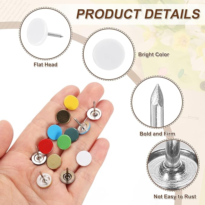 uxcell 120Pcs Push Pins, 11mmx15mm Round Flat Head Decorative Thumb Tacks Upholstery Tacks for Cork Board Office Wall Hangings, White