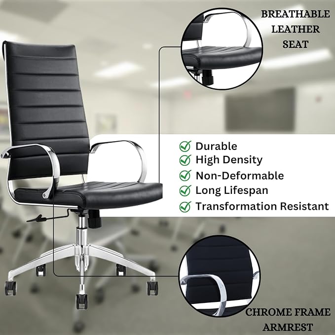 Ribbed High Back Conference Room Chairs - Lumbar Support, Modern Style Executive Chair for Home and Office - 360 Swivel Rolling Wheels - Aluminum Chrome Frame & Base - Black (Pack of 8)