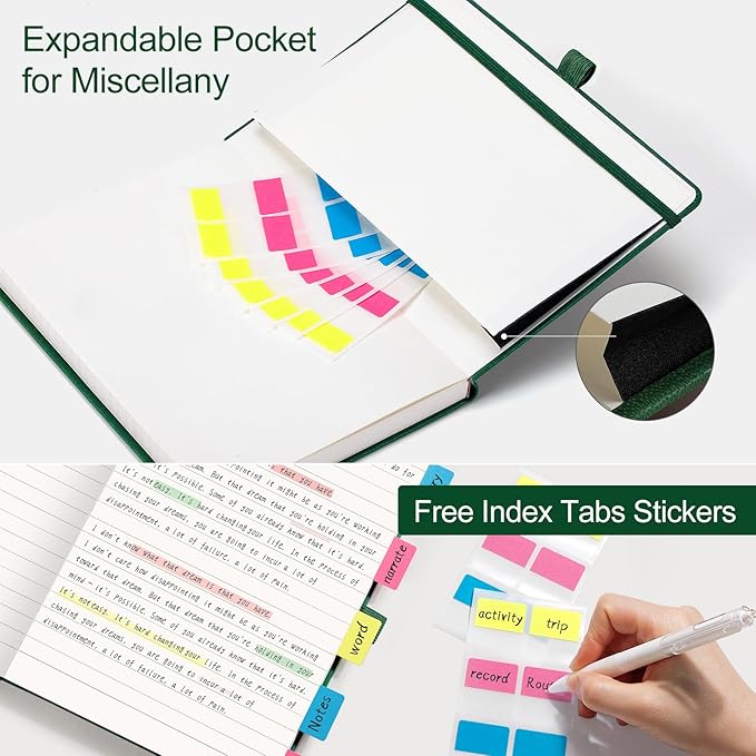 AHGXG Wide Ruled Notebook for School - Lined Journal for Women Men, 192 Numbered Pages, 100 GSM Thick Paper, A5 Hardcover Leather Notebook for Work, Writing, 5.7"×8.3" - Green