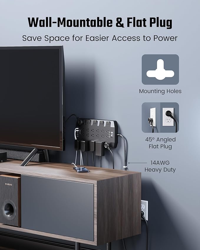 PD 45W Fast Charging Power Strip Surge Protector with 22 Outlet + 6 USB Port, SUPERDANNY 1875W/15A, 2100J, 6.5ft 45° Plug Mountable Extension Cord for Home,Office,Dorm,Gaming,PC,Streaming