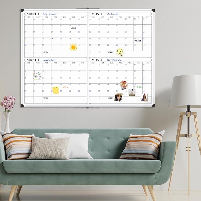 XBoard Magnetic Calendar Whiteboard 48x36 inch, 4 Month Foldable Dry Erase Board Planner, Silver Aluminium Framed White Board Calendar for Home School Office Organization