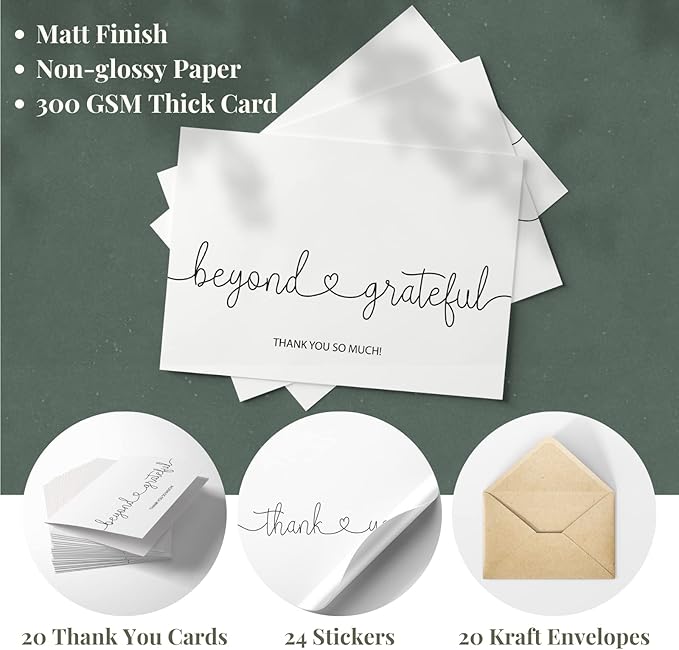 Thank You Cards Beyond Grateful Cards - Bulk Pack of 20 with Kraft Envelopes and Stickers, 4x6 Inch Professional Looking, Suitable for Business, Baby Shower, Wedding, Graduation, Bridal Shower