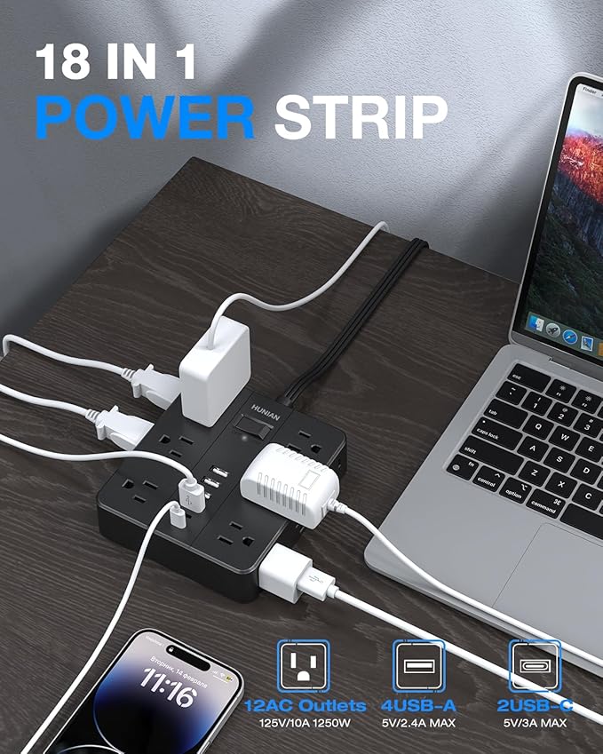 Flat Plug Power Strip Surge Protector, HUNIAN 5 Ft Extension Cord with 12 Widely Spaced Multiple Outlets 6 USB Charger (2 USB C Ports), Desk Charging Station for Home Office Supplies, Black