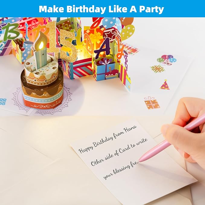Gumry 15TH Musical Birthday PopUp Card, Blowable Colorful Light Candle 3D Cards with Song, Applause Cheers Sound, Greeting Cards Birthday Gifts Decorations for Girls Boys Turning 15 Years Old