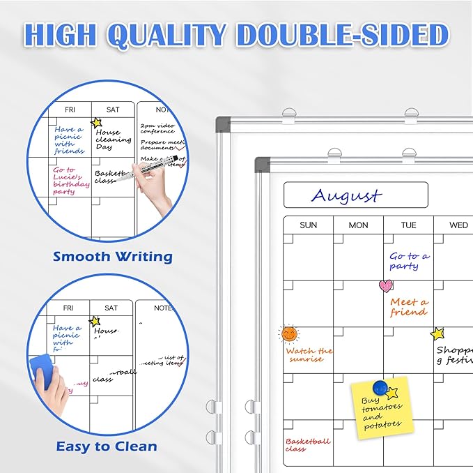 Monthly Calendar Dry Erase Whiteboard for Wall, 36" x 24" Double-Sided Calendar White Board, Magnetic Portable Board for Office, Kitchen, School, Home