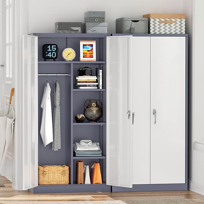 Greenvelly Metal Storage Wardrobe Cabinet with Lock, 72" White Grey Metal Wardrobe Closet for Hanging Clothes with Doors and Shelves, Modern Clothes Closet for Home, Office and Bedroom, School,Gym