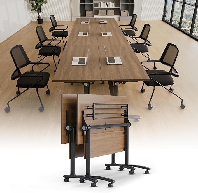 Conference Room Table with Silent Wheels, Mobile Folding Conference Table for 16 Person,Flip Top Office Training Tables with Walnuts Wood Tabletop, for School,Business Meeting Rooms (2 Pack 71in)