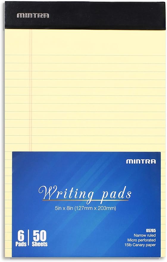 Mintra Office Legal Pads, ((xPremium, 5in x 8in, Narrow (Canary), 36pk (6-6pks)), Narrow Ruled, 50 Sheets per Notepad, Micro perforated Writing Pad, Notebook Paper for School, College, Office, Work