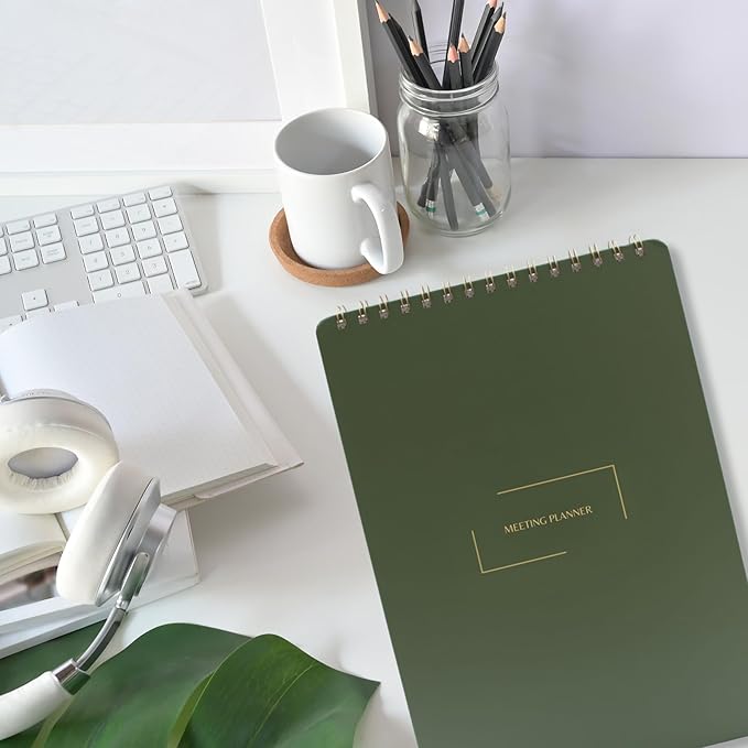 | Meeting Notebook for Work | 8.25" x 11.75" | Project Planner | Simple Design | Multiple Layouts | Office and Business Planner (Black, Meeting Planner - Portrait)
