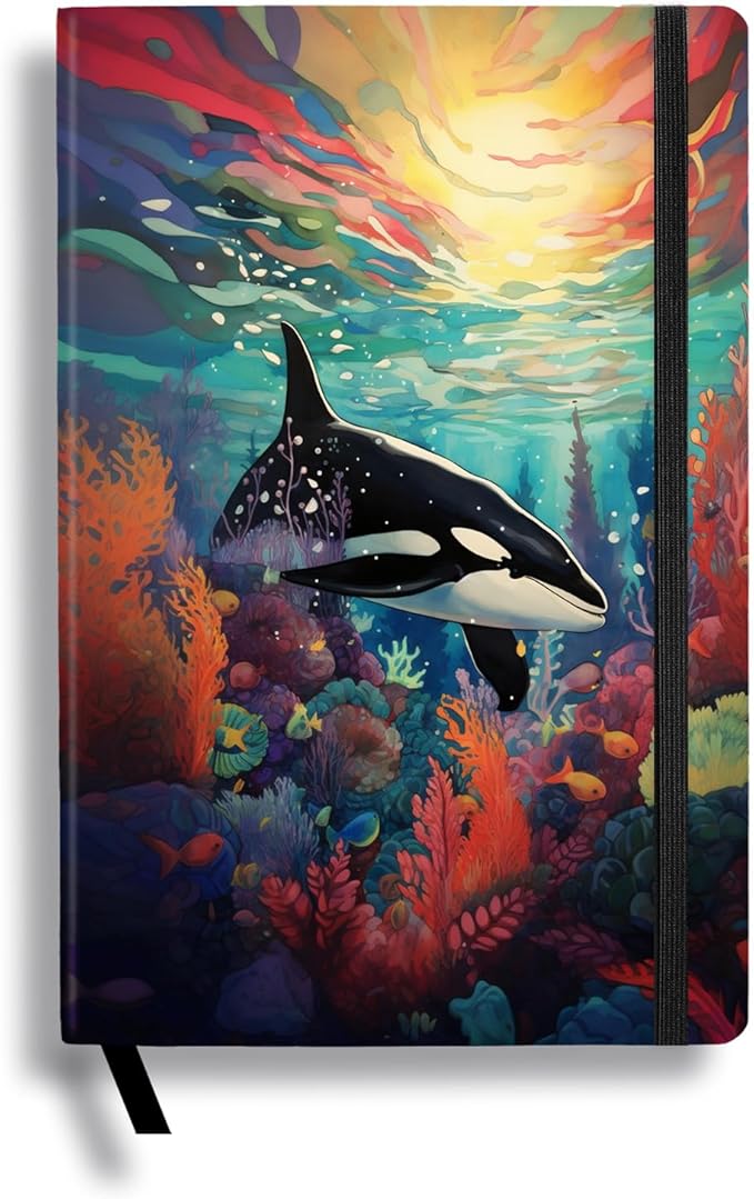 RICCO BELLO Wide Ruled Hardcover Diary Journal School Notebook for Kids, Tweens - Bookmark, Band Closure, Storage Pocket, 5.7 x 8.4 Inches, 192 Pages (Orca)