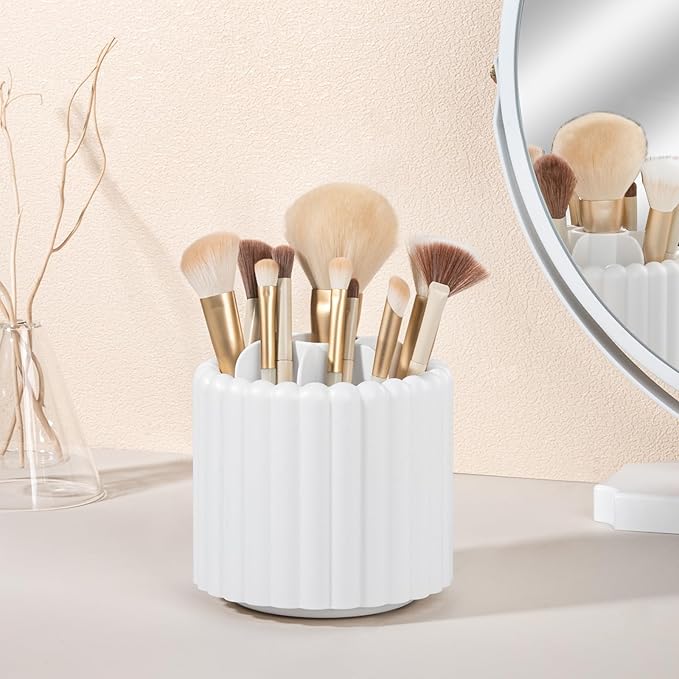 Anyoifax 360 Rotating Makeup Brush Holder 7 Slots Make Up Brush Organizer Removable Spinning Cosmetic Brushes Storage Pen Holder for Vanity, Dresser, Desk, White