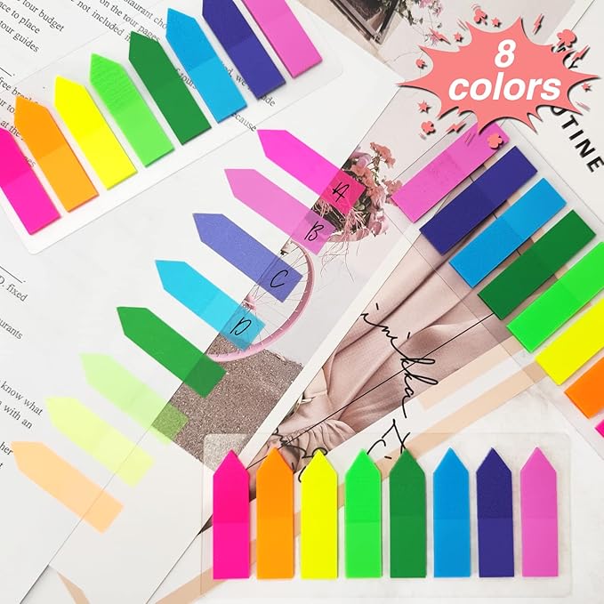 KICNIC Page Markers Colored Sticky Tabs 3200 Pcs, Translucent Arrow Flags for Page Marking, Fluorescent Index Tab Stickers for Notebooks, Small Sticky Notes Flags [8 Colors, 16 Sets]