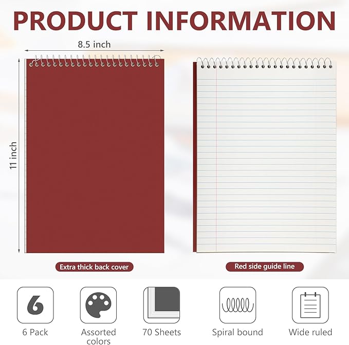 6 Pack 8.5 x 11'' Top Bound Office Steno Book Wide Ruled Double Sided Spiral Notebooks Reliable White Paper 70 Sheets/Pad Pastel Colors Covers for Writing School Notes(Vintage Color)