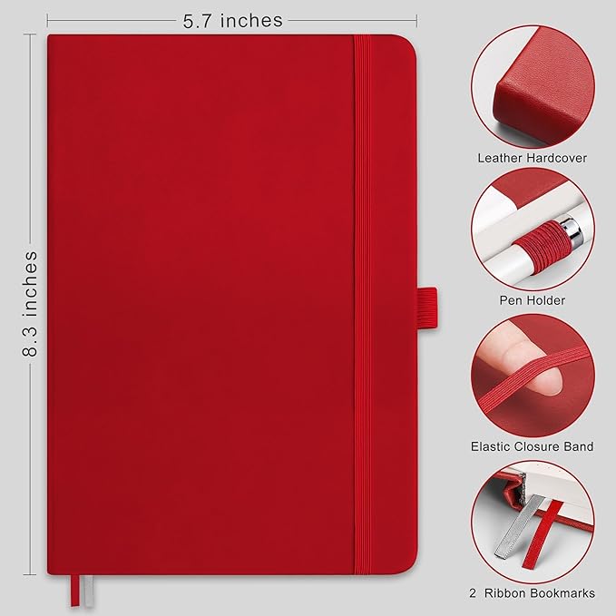 RETTACY Bullet Dotted Journal Notebook, 2-Pack, 160 Numbered Pages per Pack, A5 Medium Size (5.7'' x 8.3''), 120 GSM Thick Paper, Leather Hardcover, for Bullet Journaling (Black & Red)