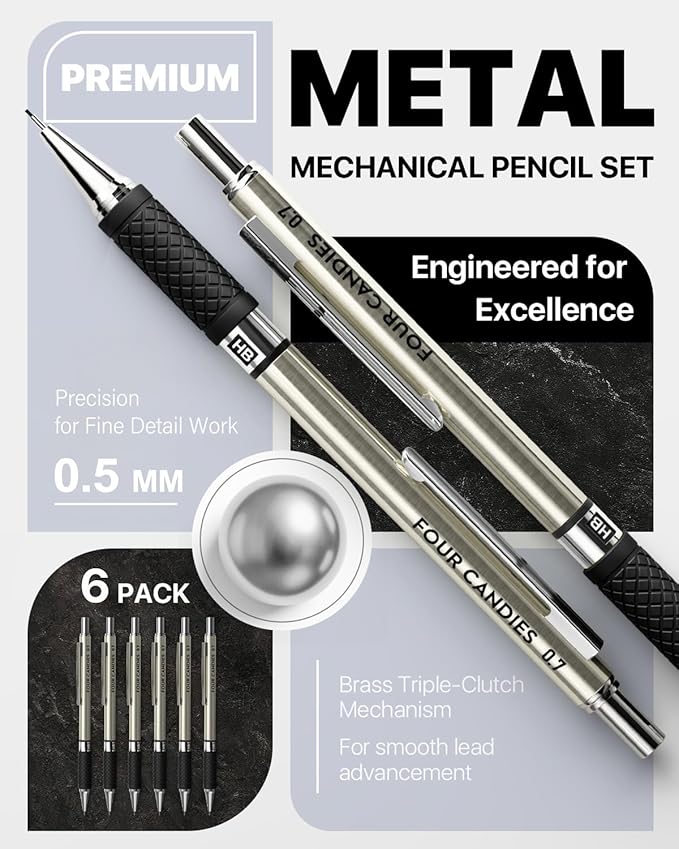 Four Candies Metal Mechanical Pencil Set - 6PCS 0.5mm Art Mechanical Pencils & 360PCS HB Lead Refills & 3PCS Erasers & 9PCS Eraser Refills, Drawing Mechanical Pencils for Writing, Sketching-With Case