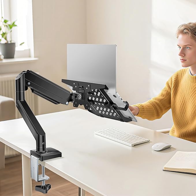 WALI Laptop Desk Mount, 2-in-1 Monitor Mount with Adjustable Laptop Tray, Fits Max 17" Notebook and 34" Computer Screen, Max Holds 22-26.4 lbs, Single Monitor Laptop Stand for Desk (GSMP001NLP), Black