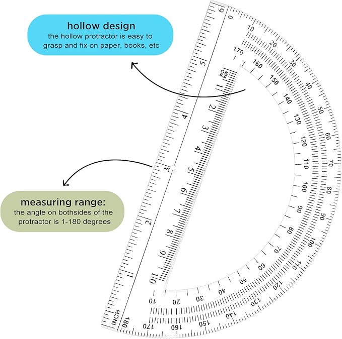 Zonon 2 Pcs 6 Inch Plastic Protractor Math Protractors 180 Degrees Angle Measurement, Translucent for Geometry Classroom Kid Student School Office Supplies(Clear)