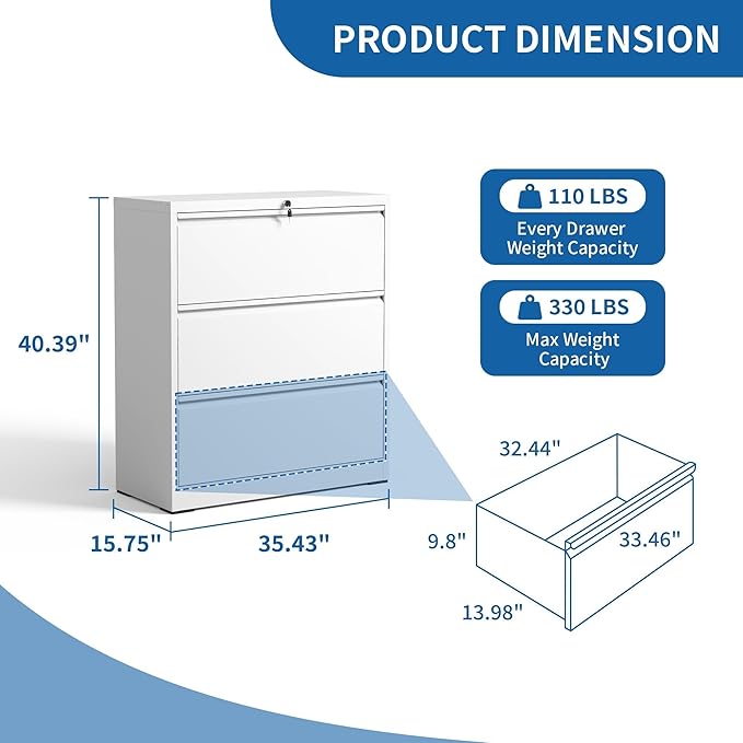 Lateral File Cabinet 3 Drawer, Metal File Cabinets for Home Office Legal/Letter A4 Size, File Cabinet with Lock, Require Assembly, White