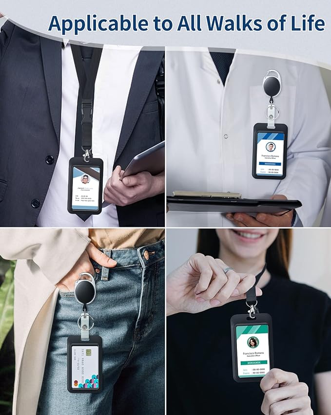 Uniclife Sliding Badge Holder Vertical Plastic Case with Retractable Badge Reel Carabiner and Detachable Lanyard Strap Hard Card Protector for ID Credit Proximity Key Card Driver’s License and Pass