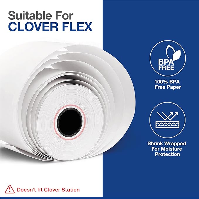 Clover Flex Receipt Paper - 50 Thermal Paper Rolls - 2 1/4'’ x 50’ - BPA Free - 55 GSM - Cash Register Receipt Paper for Clover Flex C401, C403, C405 and C406 POS Machines