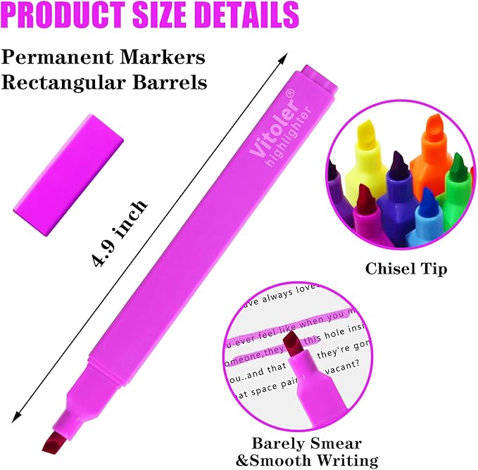 Vitoler Highlighters,10 Pack Assorted Colors Highlighters with Soft Chisel Tip,Bible Highlighter No Bleed,Book Markers for Women