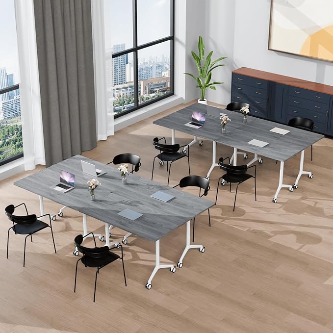 Folding Conference Table, Modern Large Conference Room Tables with Flip-Top Design, Foldable Conference Table Meeting Table with Wheels, Mobile Seminar Training Tables for Office Classroom (6, Oak)