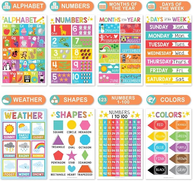 Hadley Designs 16 Educational Posters for Classroom & Kindergarten, Kindergarten Classroom Must Haves, Laminated PreK Learning Chart Materials US & World Map, ABC Alphabet, Shapes, Days of the Week