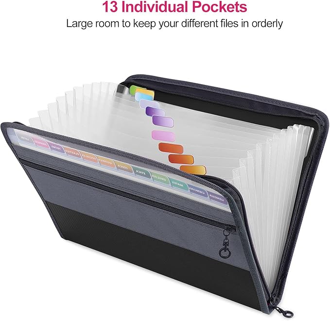 MEGREZ Expanding File Folder with 13 Pockets, A4 Paper File Folder with Zipper Color Labels, Waterproof Accordion File Folder Organizer for Home Office, Black