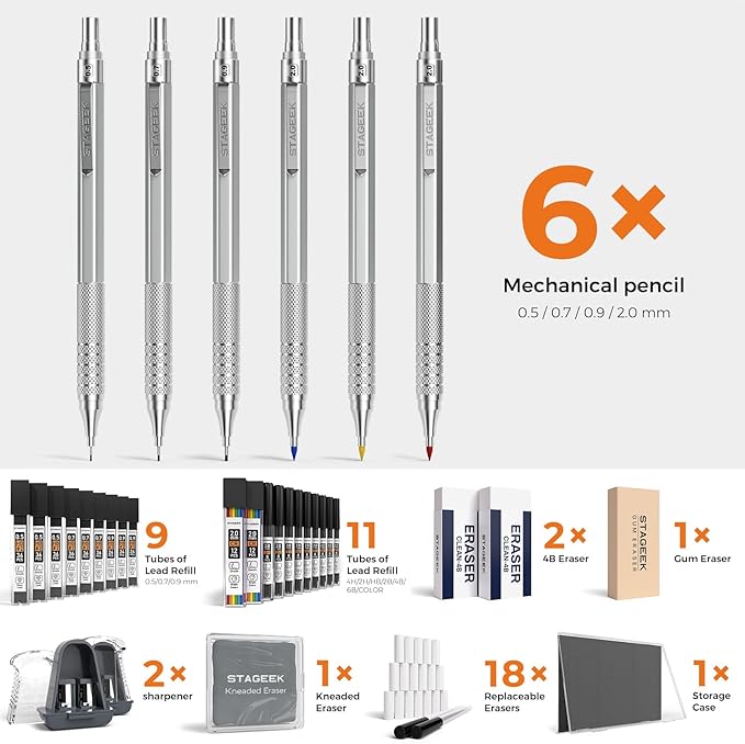 35Pcs Art Mechanical Pencil Set with Case, 0.5 0.7 0.9 2.0 Graphite Metal Drawing Drafting Pencils, Sharpener Erasers 384PCS Lead Refills (6B 4B 2B HB 2H 4H Colors)Pencils for Writing Sketching,Silver
