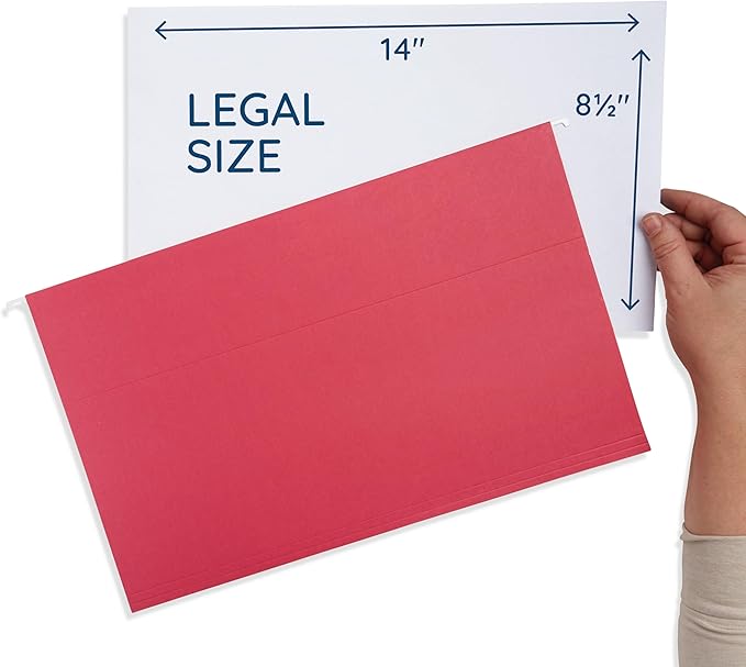 25 Blue Summit Supplies Legal Size Hanging File Folders - Red Hanging File Folders with Plastic Tabs and Inserts, Durable 11pt Paper, 25 Pack