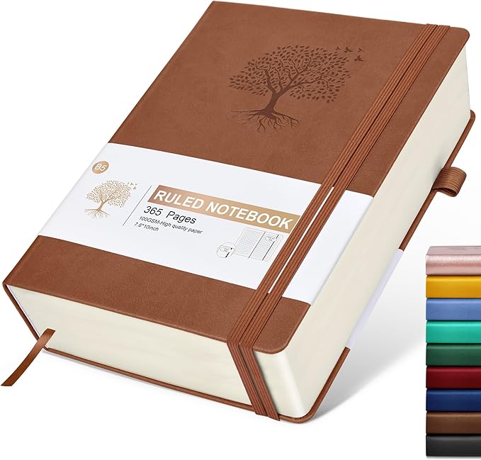 Lined Journal Notebook -365 Pages B5 Large Journal for Writing Men Women, College Ruled Notebook, Hardcover Leather Journal, Daily Notebook for Work, Note Taking, 100Gsm Paper (7.6'' X 10'' Brown)