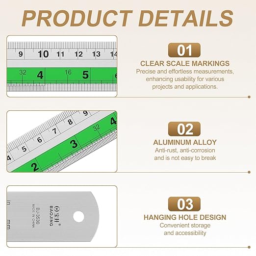 HARFINGTON 6pcs Metal Straight Ruler 15cm Metric SAE Aluminum Alloy Measuring Rulers Scale Tool with Hole for Measure Study Reading Classroom Office, Green