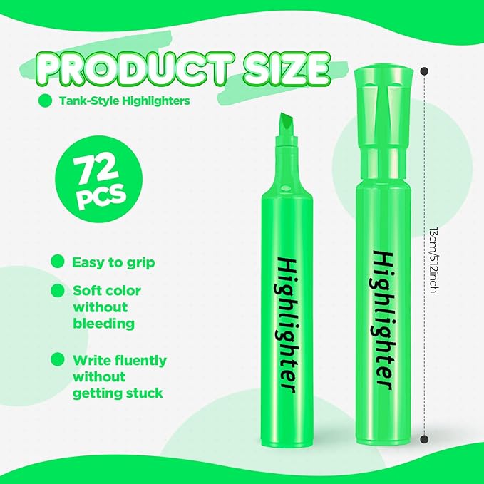 Qilery 72 Pack Highlighters Bulk, Tank Style Chisel Tip Highlighters Markers Quick Drying for Kids and Adult Coloring, Classroom Home Office School Supplies (Green)