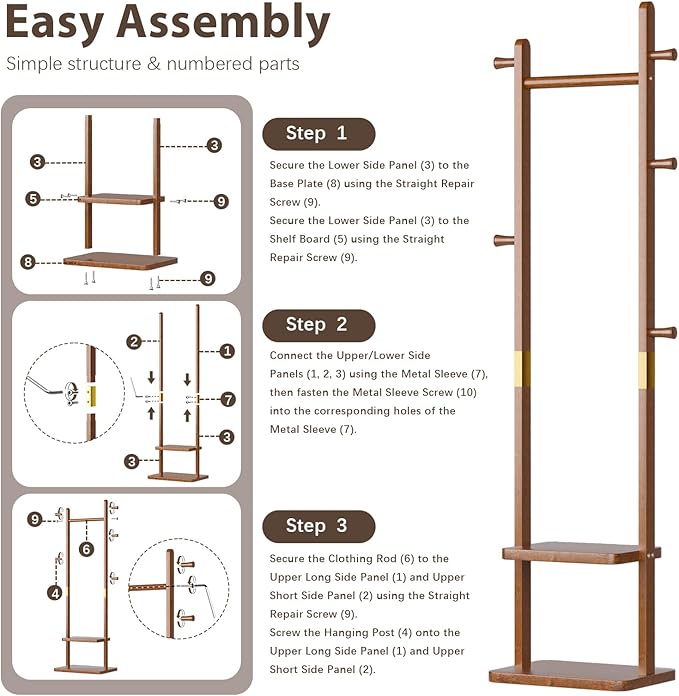 Solid Wood Coat Rack, Coat Rack Freestanding with 2 Shelves and 5 Hooks, Heavy Duty Coat Tree for Entryway，Living room，Coat Hanger Stand for Hats, Bags (Walnut Brown)