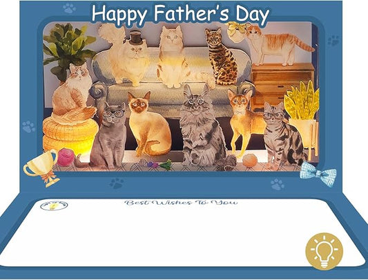 4D Pop Up Fathers Day Card with lights, Cat Father's Day Card For DAD, Living Room, Cat Themed (Cat Father's Day Card)