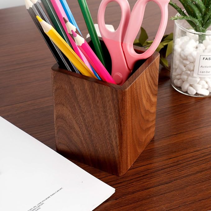 Walnut Pencil Holder Wood Pen Holder For Desk Pen Cup Organizer Ofiice Pencil Stand Simple(Black walnut)