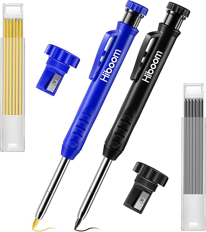 Hiboom 2 Pack Solid Carpenter Pencil with 14 Refill, Long Nosed Deep Hole Mechanical Pencil Marker with Built-in Sharpener for Carpenter Woodworking Architect with Design Patent (Black, Blue)