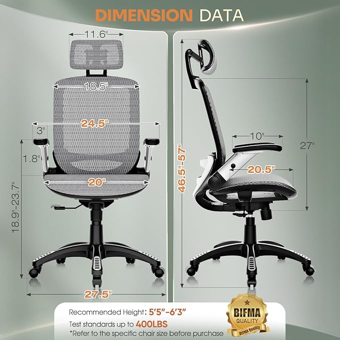 GABRYLLY Ergonomic Office Chair, High Back Home Desk Chair with Headrest, Flip-Up Arms, 90-120° Tilt Lock and Wide Cushion, Big and Tall Mesh Chairs for Man Woman, Grey Task Chair