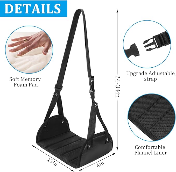 Airplane Foot Rest, Airplane Foot Hammock with Premium Memory Foam, Adjustable Length Foot Hammock for Plane Travel, Airplane Footrest Relax Your Feet in The Train Office&Home, Black