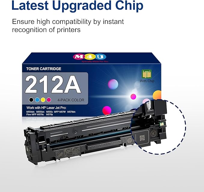 212A Toner Cartridges 4 Pack (with Upgraded Chip) Remanufactured Replacement for 212A 212X for Color Enterprise M554 M555 Color Enterprise MFP M578 Series Printer (Black Cyan Yellow Magenta)