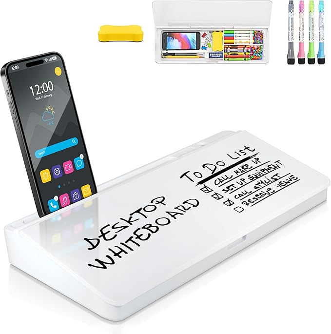 Desktop Whiteboard - Glass Dry Erase White Board- Desk Computer Buddy – Home Office & Studying Essentials - Desktop Pad with Phone & Tablet Slot, Storage Compartment - Includes 4 Markers, 1 Eraser