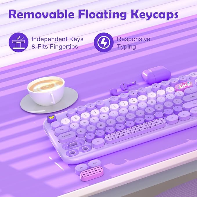 MOFII Keyboard and Mouse Wireless, 104 Round Keys Lovely Full-Size Cute Colorful Keyboard and Mouse with Retro Typewriter for PC/Mac/Laptop/Tablet/Computer/Windows Purple