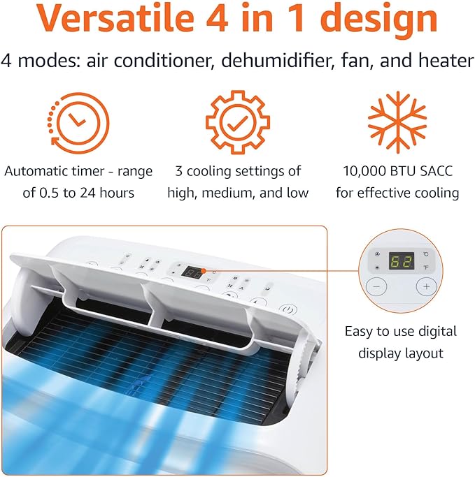 Amazon Basics 4-In-1 Portable Air Conditioner, 13500 BTU (ASHRAE), Cools Up to 550 Sqf, Portable AC with Cool/Heat/Dry (Dehumidifier)/Fan-Only Functions, Auto Mode, Sleep Mode, Timer, White
