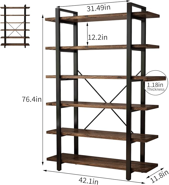 Solid Wood Bookcase and Book Shelves Wood and Metal Shelving Unit 6 Tier Bookshelf Modern Rustic Open Bookshelf Office,Distressed Brown (AY-02-6Tier)