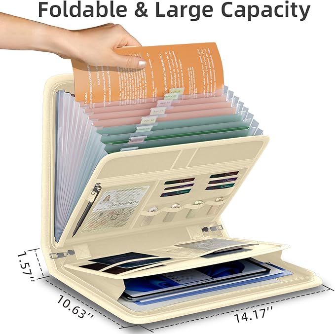 Fireproof Accordion File Organizer, Portable Expanding File Folder with Waterproof Zipper&Labels, Khaki Document Organizer with 13 Pockets, File Organizer for Important Document/Paper Storage