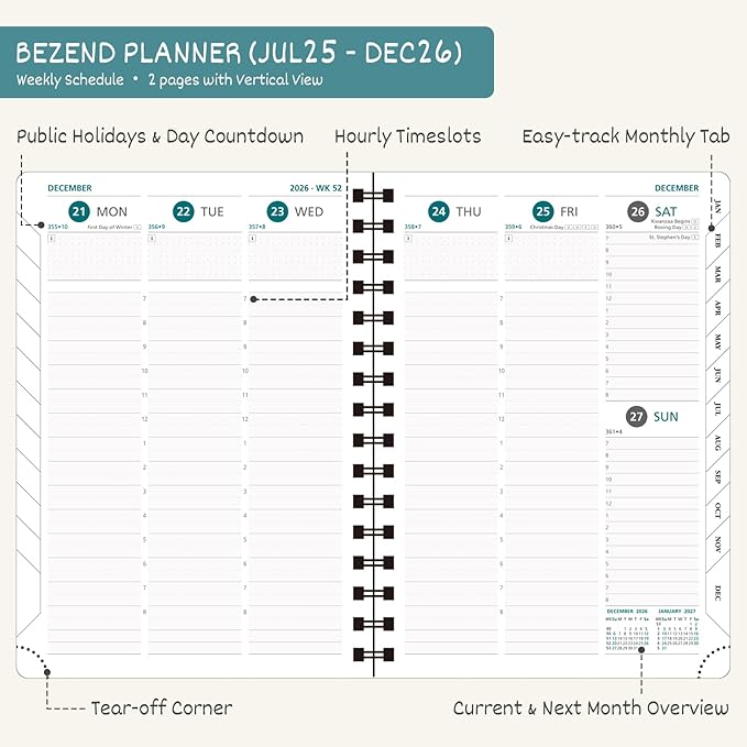 BEZEND Planner 2025-2026 Weekly and Monthly, 5.8" x 8.5" Academic Calendar (Jul 25-Dec 26) Vertical Daily Appointment with Hourly Timeslot & Monthly Tab, Spiral, PU Leather Softcover - Red