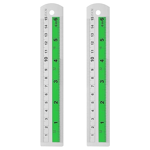 HARFINGTON 2pcs Metal Straight Ruler 15cm Metric SAE Aluminum Alloy Measuring Rulers Scale Tool with Hole for Measure Study Reading Classroom Office, Green