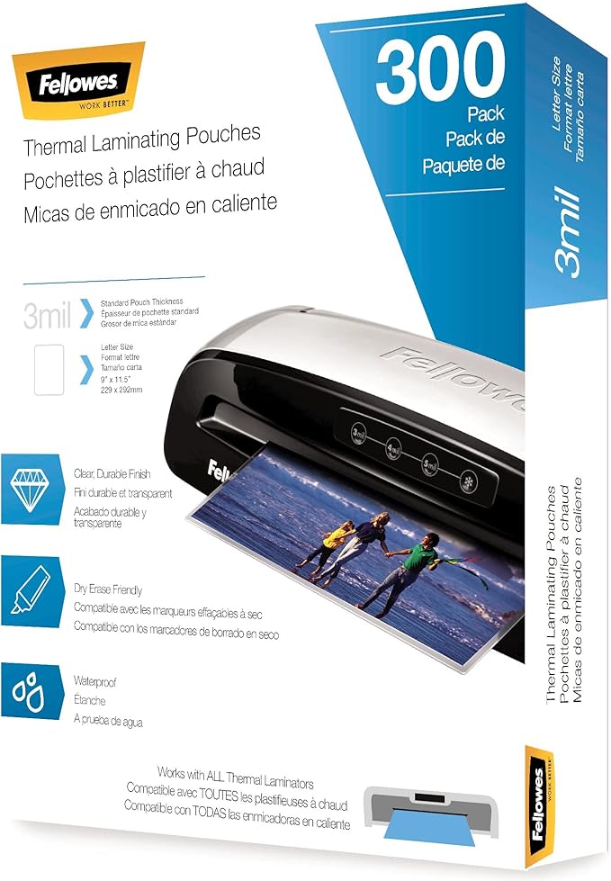 Fellowes Thermal Laminating Pouches, Letter Size Sheets, 3mil, 300 Pack, Clear (5247101)