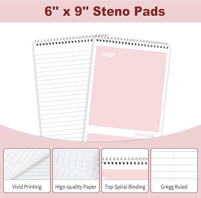 SUNEE Steno Pads 6x9 6 Pack, Gregg Rule, 60 Sheets, 6 Assorted Color Spiral Notebook 6x9, White Paper, Take Notes with Top Spiral Notebook, for School, University, College, Work, Office